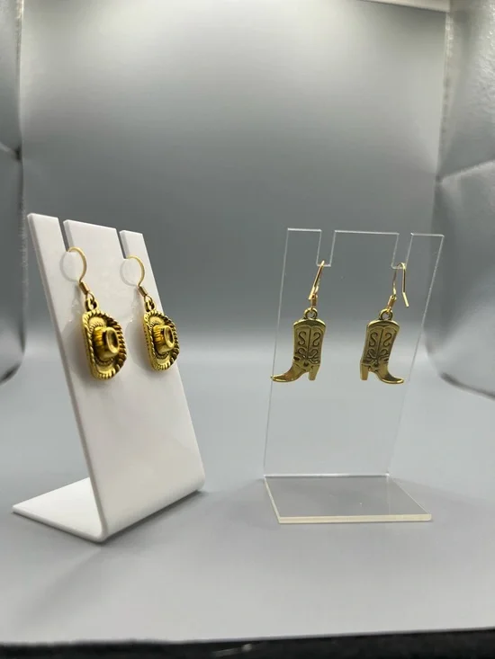 Gold Western Cowboy Boot and Hat Dangle Earrings - Handmade #E0155C - Picture 3 of 3
